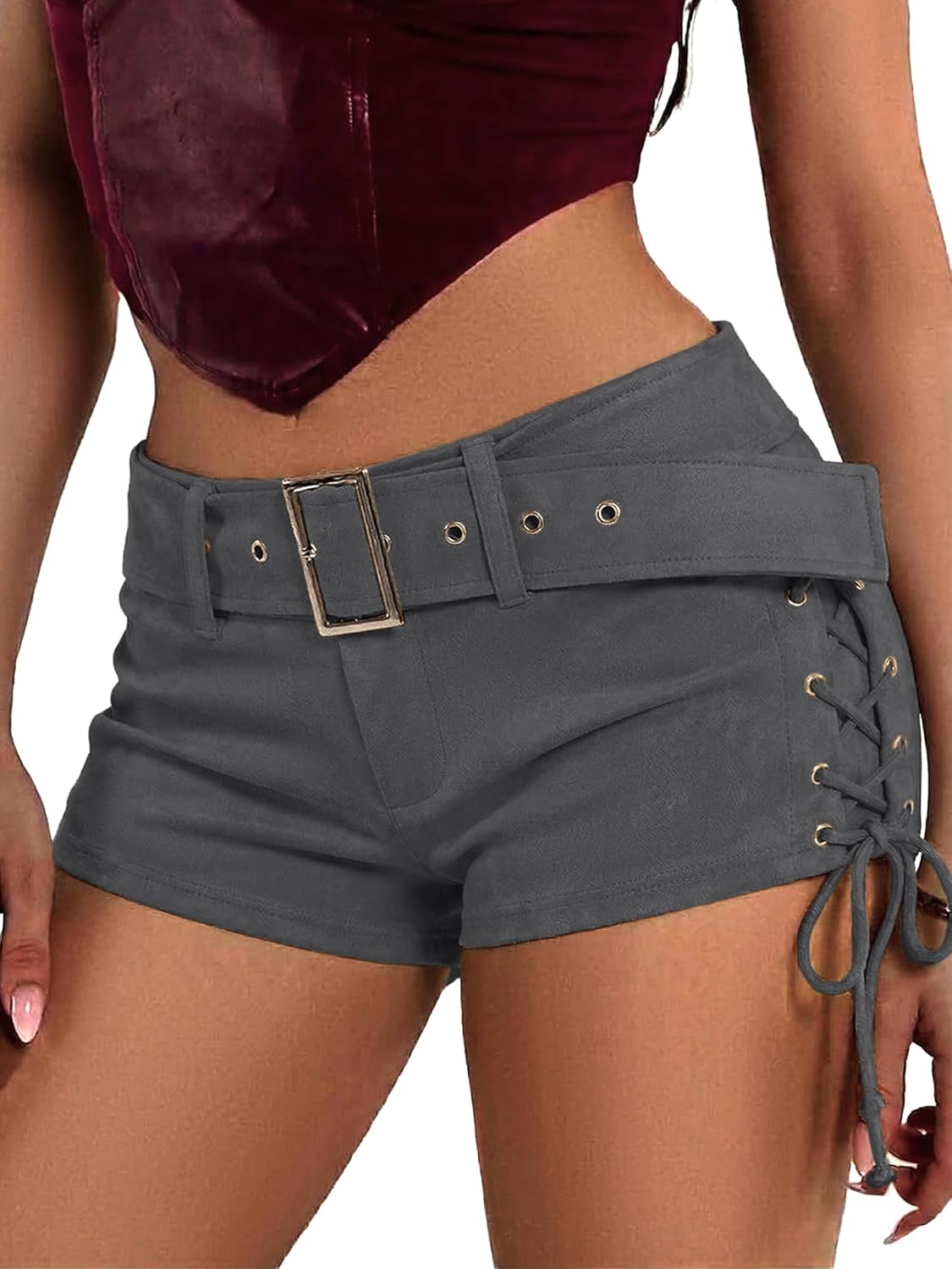 ELLEVEN Women's Faux Leather Micro Shorts Lace Up Side Low Waist Buckle Belt Y2k Sexy Skinny Suede Mini Shorts