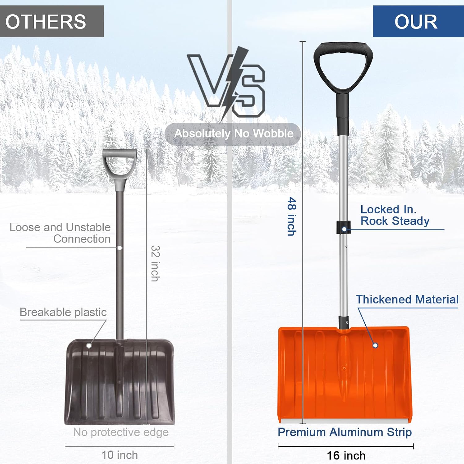 Ergonomic Large Snow Shovel for Driveway: 48-Inch Dual-Lock Knob Anti-Wobble Handle, 16" Plastic Blade w/Metal Edge, Ultra-Light 1.9 lb, Portable Aluminum Shaft, Car, Camping & Emergency, Orange