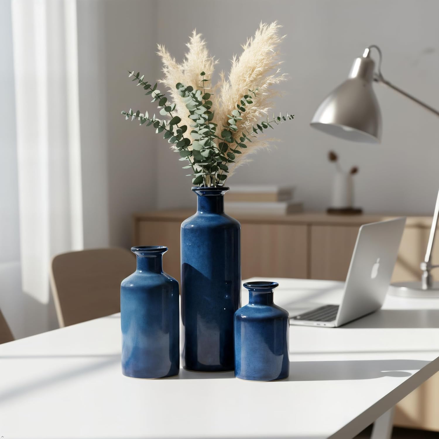 Blue Ceramic Vase Set of 3 Small Vases, Modern Farmhouse for Home Decor Bottles, Rustic Terracotta Vase Decorative Vases for Table,Fireplaces Decor, Bookshelf, Living Room - Image 7