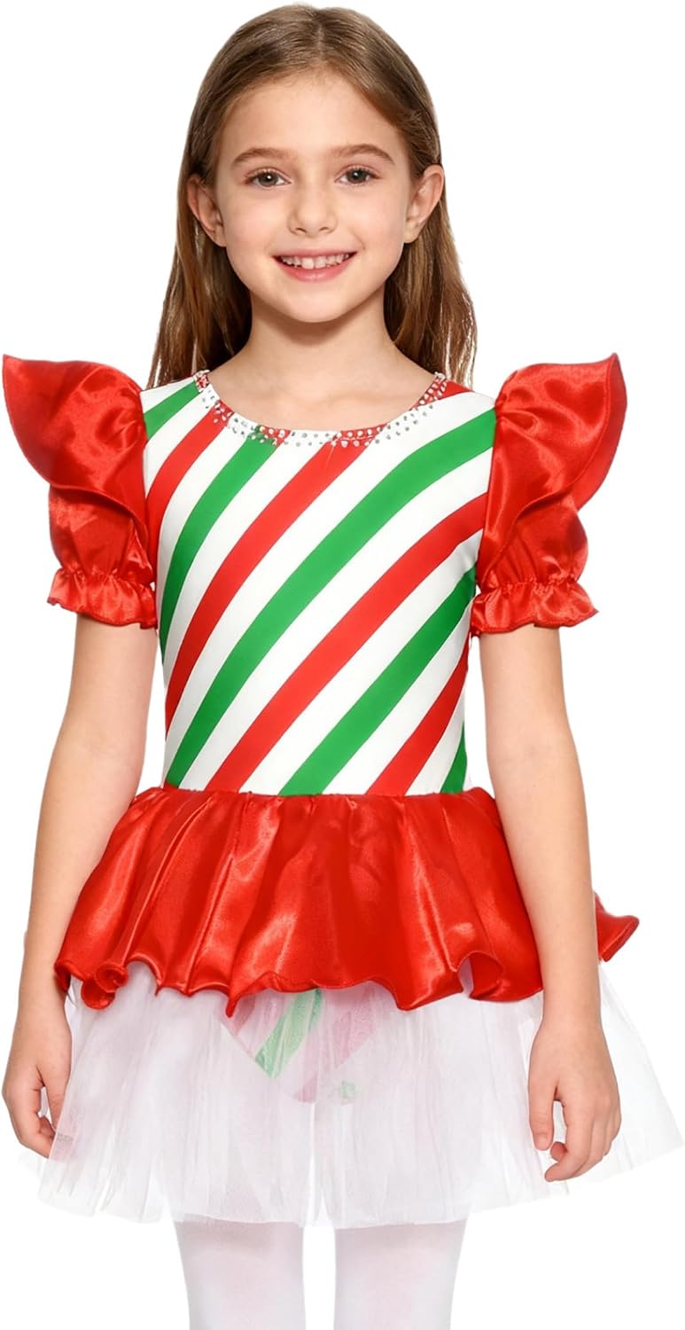 Girls Christmas Ice Skating Leotard with Ruffles Tutu Skirt Short Sleeve Candy Striped Gymnastics Wear