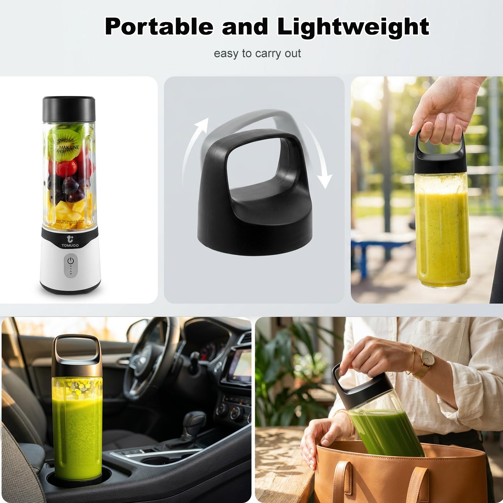 Mini Frullatore portatile per smoothie e frappè, 520ml con coperchio, nero | Frullatore personale senza BPA con 6 lame e funzione di ricarica USB-C, frullatore ricaricabile per viaggi, sport e cucina