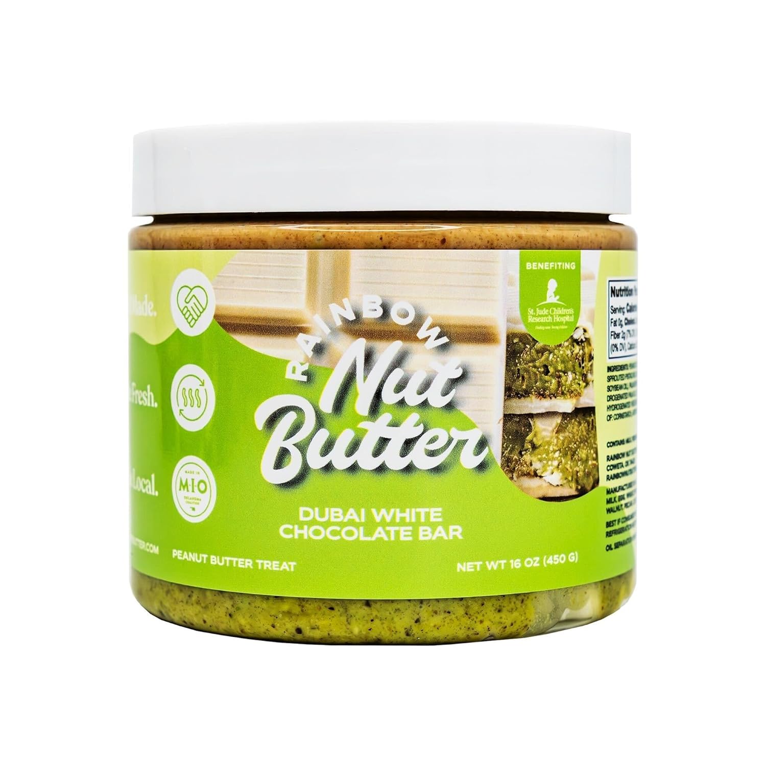 Rainbow Nut Butter, Strawberry Dubai Chocolate Hazelnut Spread, Treat, Snack, Dessert, High Protein Flavored Nut Butter, (16 oz Jar).