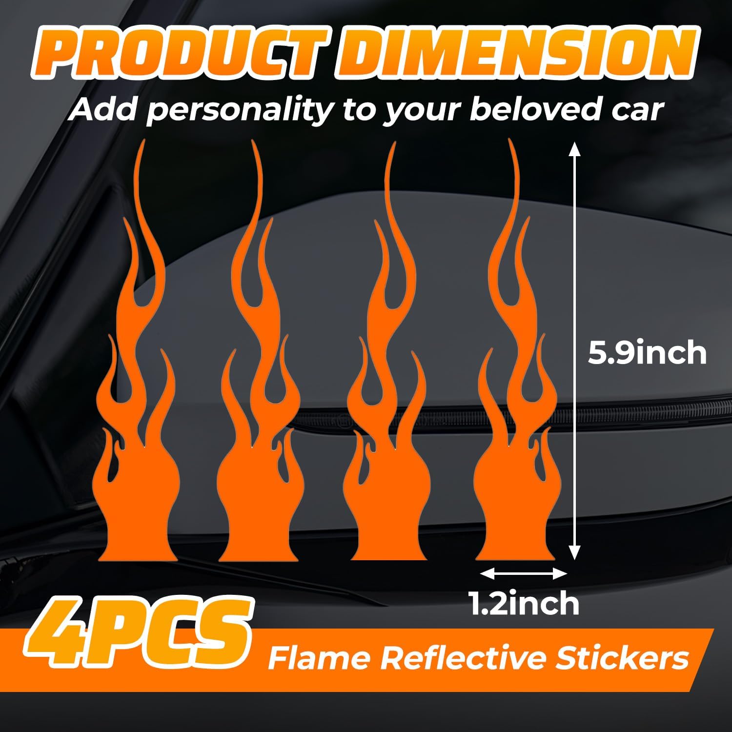 4PCS Flame Reflective Sticker,Car Flame Decals,Waterproof Self Adhesive Racing Sports Stripe Decal,DIY Car Stickers for Motorcycle Racing Mirror Motorcycle Helmet (Orange)