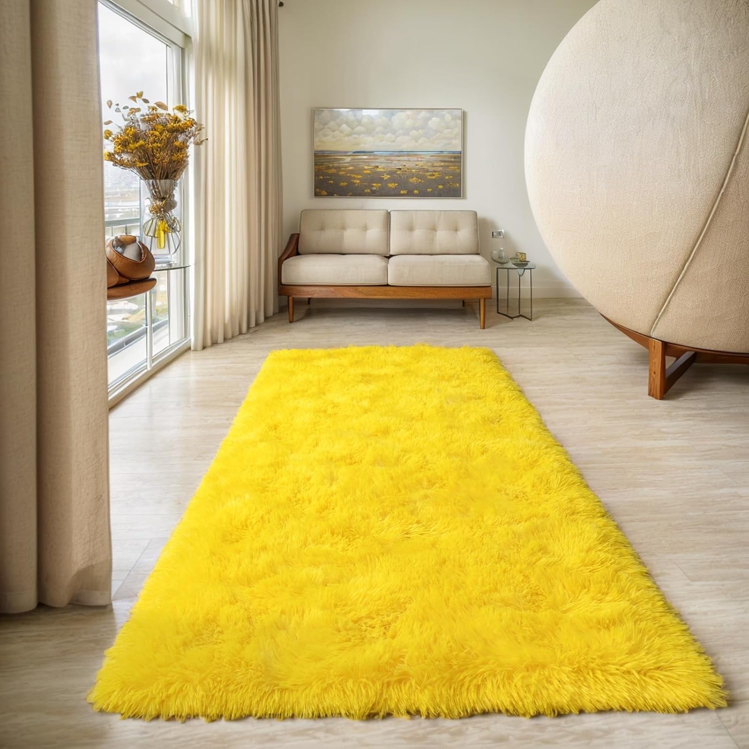 Soft Runner Rugs for Bedroom, 2x6 Ft Hallways Modern Plush Yellow Shag Carpet, Non Slip Dorm Bedside Shaggy Rug for Living Room, Indoor Long Nursery Kids Girls Teen Room Aesthetic Home Decor