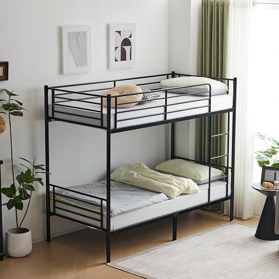 Black Iron Bunk Bed with Ladder, Kids Adults Twin Sleeper Bed Frame