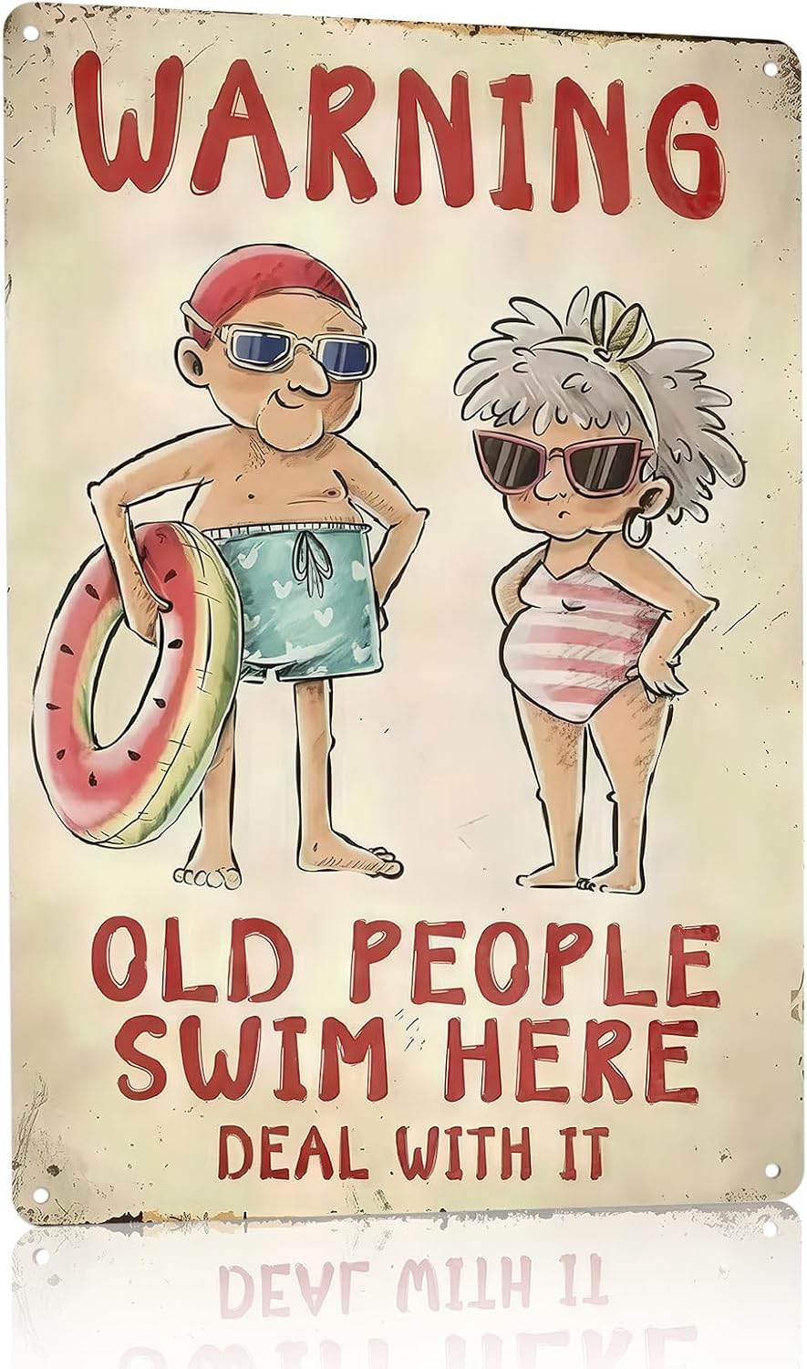 Funny Metal Pool Sign "Old People Swim Here" - Vintage Rustic Wall Decor for Pool, Patio, Humorous Outdoor Sign with Retro Design and Playful Characters, Summer Artwork Decor, 8x12 Inch