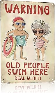Funny Metal Pool Sign "Old People Swim Here" - Vintage Rustic Wall Decor for Pool, Patio, Humorous Outdoor Sign with Retro Design and Playful Characters, Summer Artwork Decor, 8x12 Inch