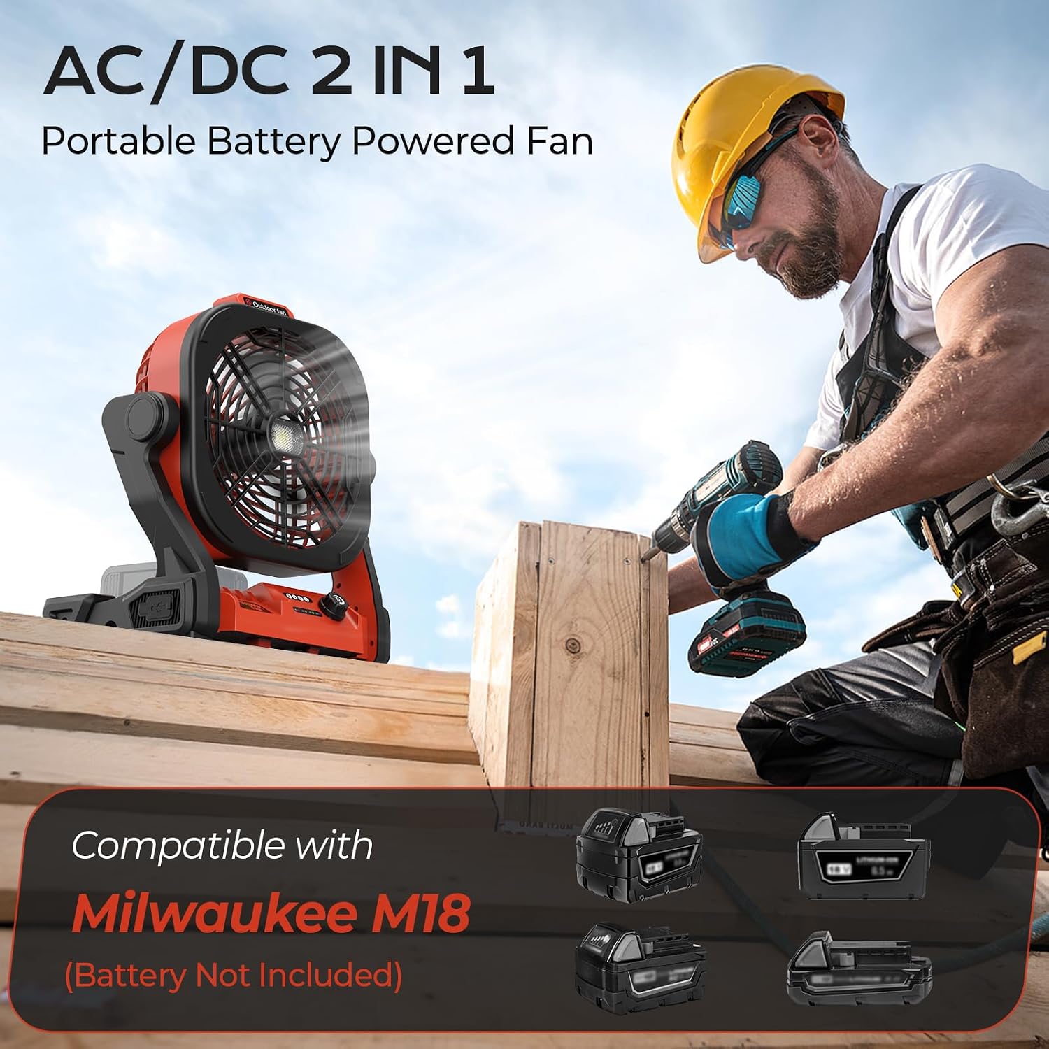 Battery Operated Fan for Milwaukee M18 battery, Portable Fan with USB A/C Charging ＆ AC Adapter & LED Lights, 4 Speeds & Hook, Cordless/Camping/Battery Powered fan, for Outdoor Jobsite (No Battery)