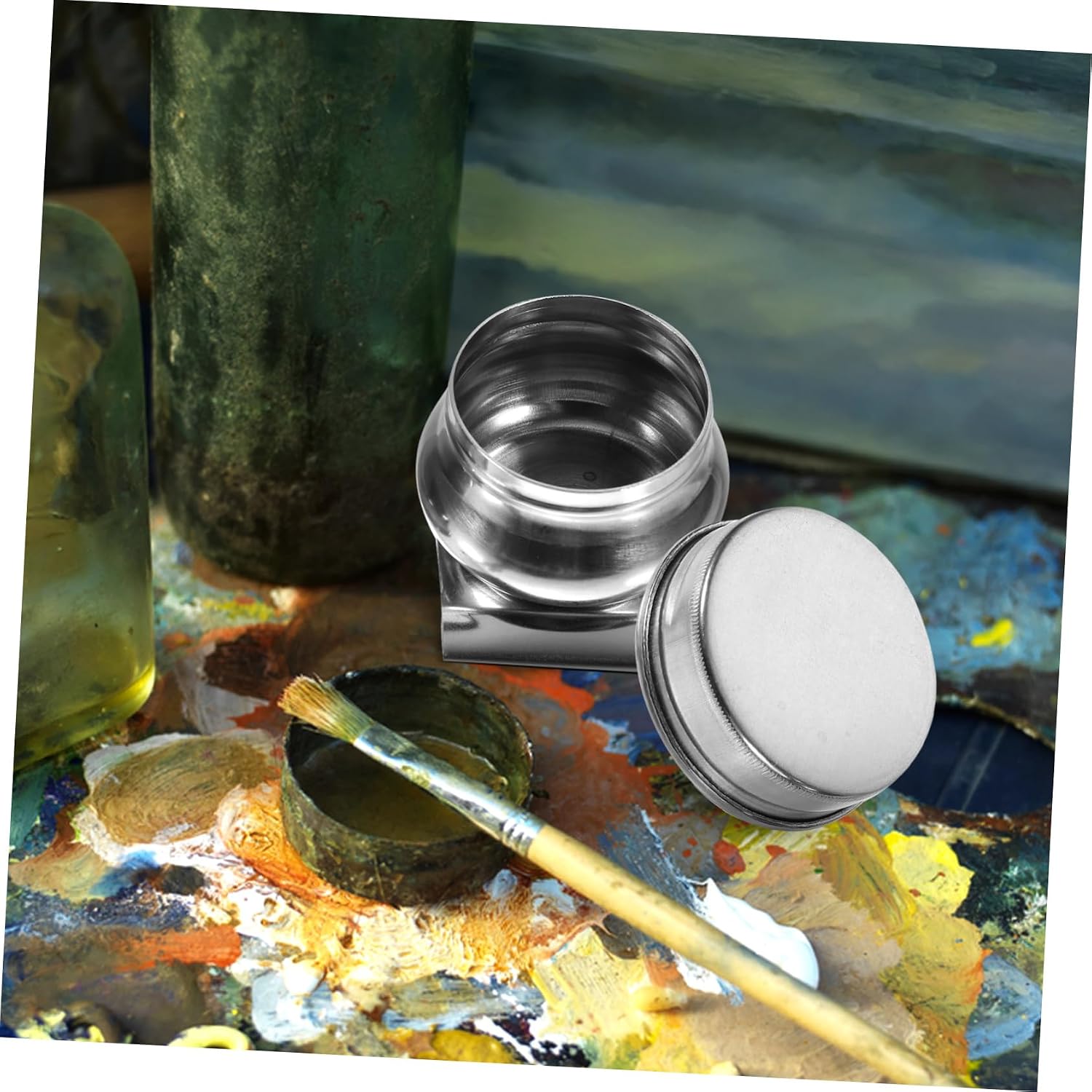 2pcs Stainless Steel Oil Palette Cup Lid Paint Brush Washer for Easy Cleaning and Mixing Oil Painting Compact for Artists and Students