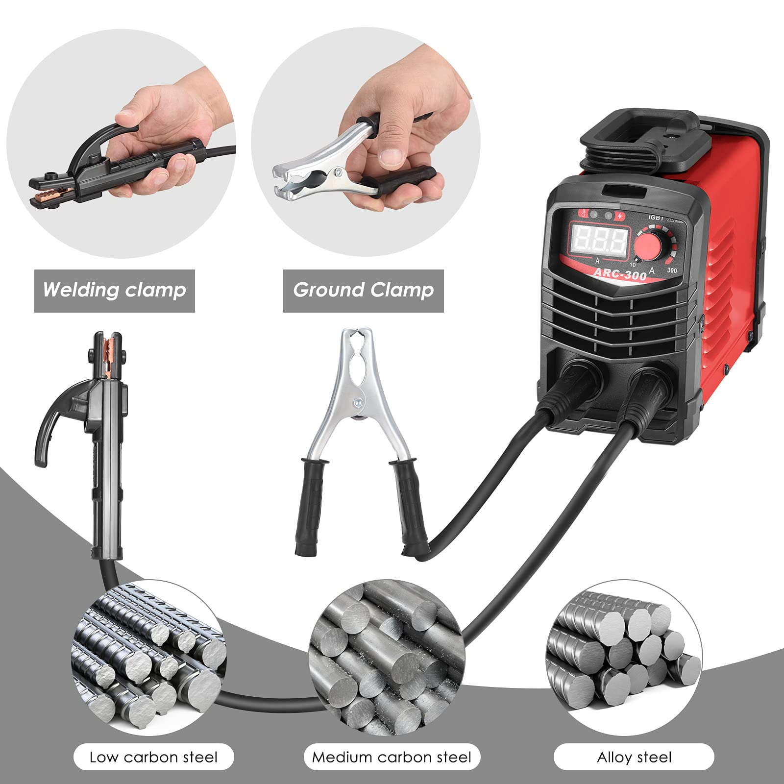 IGBT Inverter Schweißgerät 300A ARC MMA Elektroden Schweißgerät mit LCD Display tragbar 220V inkl. Schweißbrenner Masseklemme Schutzbrille Handschuhe Bürste und Stabelektroden-Rot