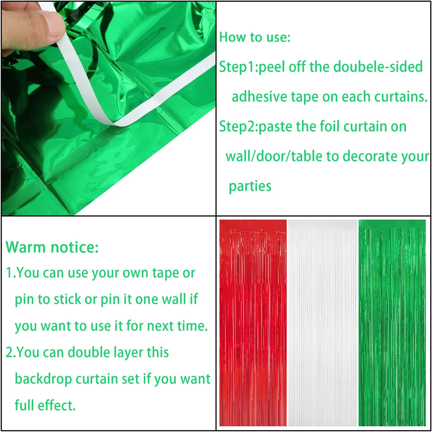3 Pack Christmas Tinsel Foil Fringe Curtain 8x9.84 Ft Backdrop Curtain Red White Green Streamers for Christmas Fiesta Mexican Italian Birthday Baby Show Party Decorations