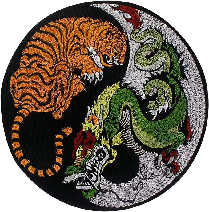 EMDOMO Tiger Dragon Patches Eight Diagram Embroidery Applique Iron on Patch Decorative Sticker Badges Round Emblem for Jacket MC Vest