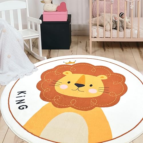 Miniatura 4 de TEALP Tapete de juego de lana sintética para niños, de 4 pies, tapete redondo de animales, tapete para puerta de guardería, tapete de felpa suave