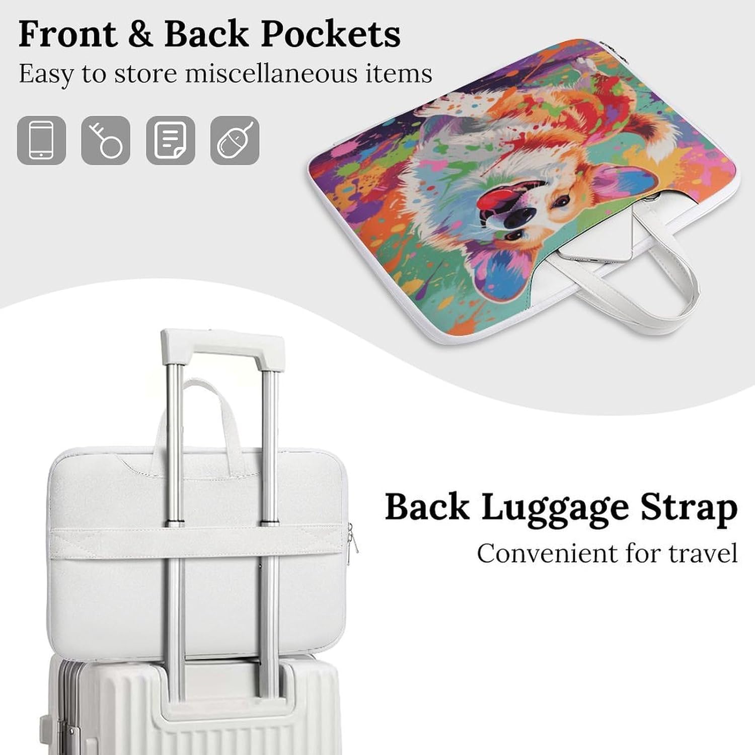 Colorful Corgi 42x30.5cm White-style Laptop Bag Leather Tablet Computer Briefcase Large Capacity Work Business Tote Bags for Office