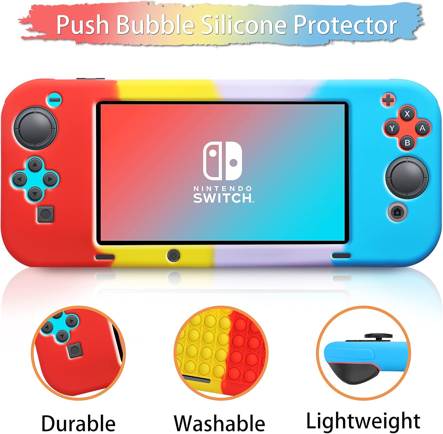 for Switch Case,Fidget Pop Bubble Case Colourful Soft Silicone Protective Cover Anti-Scratch Compatible with Nintendo Switch 6.2-Blue Purple Yellow Red
