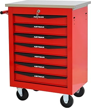 7 Drawers Tool Cart on Wheels with Stainless Steel Worktop, Heavy Duty Mobile Rolling Drawer Tool Chest with Locking Wheels & Lockable Drawers, Garage Tool Storage Cabinet Red, 7 Drawers