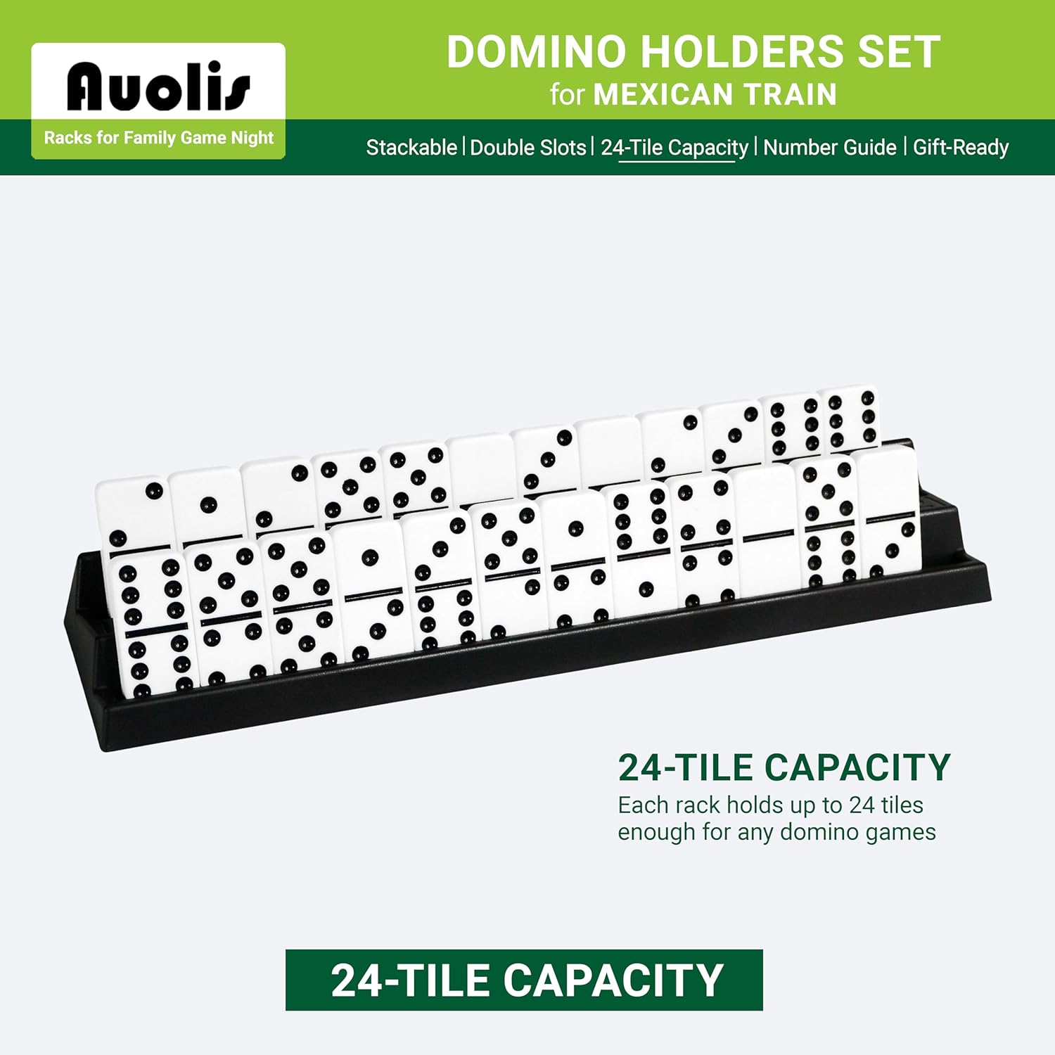 Domino Holders for Mexican Train, Set of 4 Stackable Trays, 24-Tile Capacity Each, Plastic Racks for Family Game Night