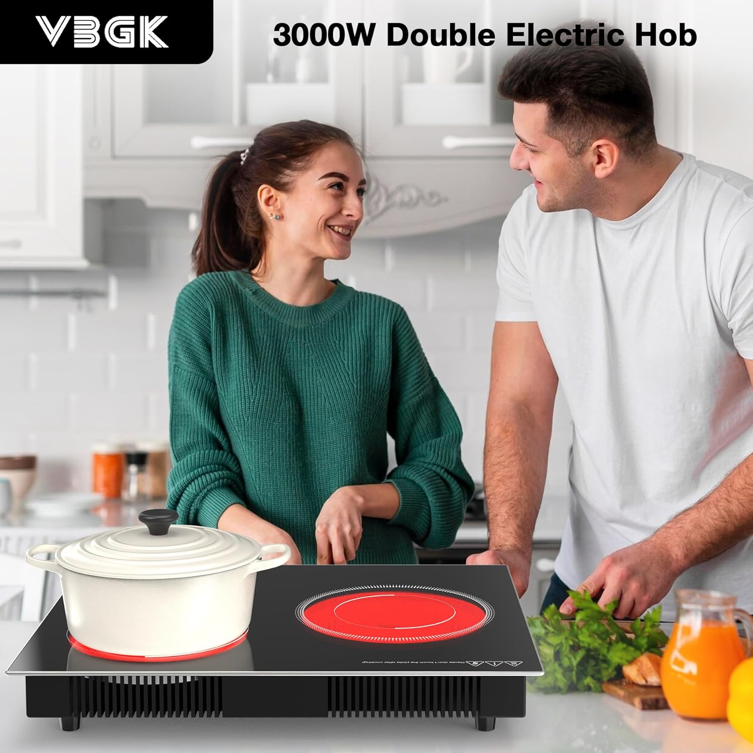 VBGK Electric Cooktop,2100W Built-in & Countertop 2 Burner Electric Cooktop,Electric Stove Top with10 Heating Level, Timer & Kid Safety Lock, LED Knob Touch Control Electric Burner with Plug 2 burner cooktop