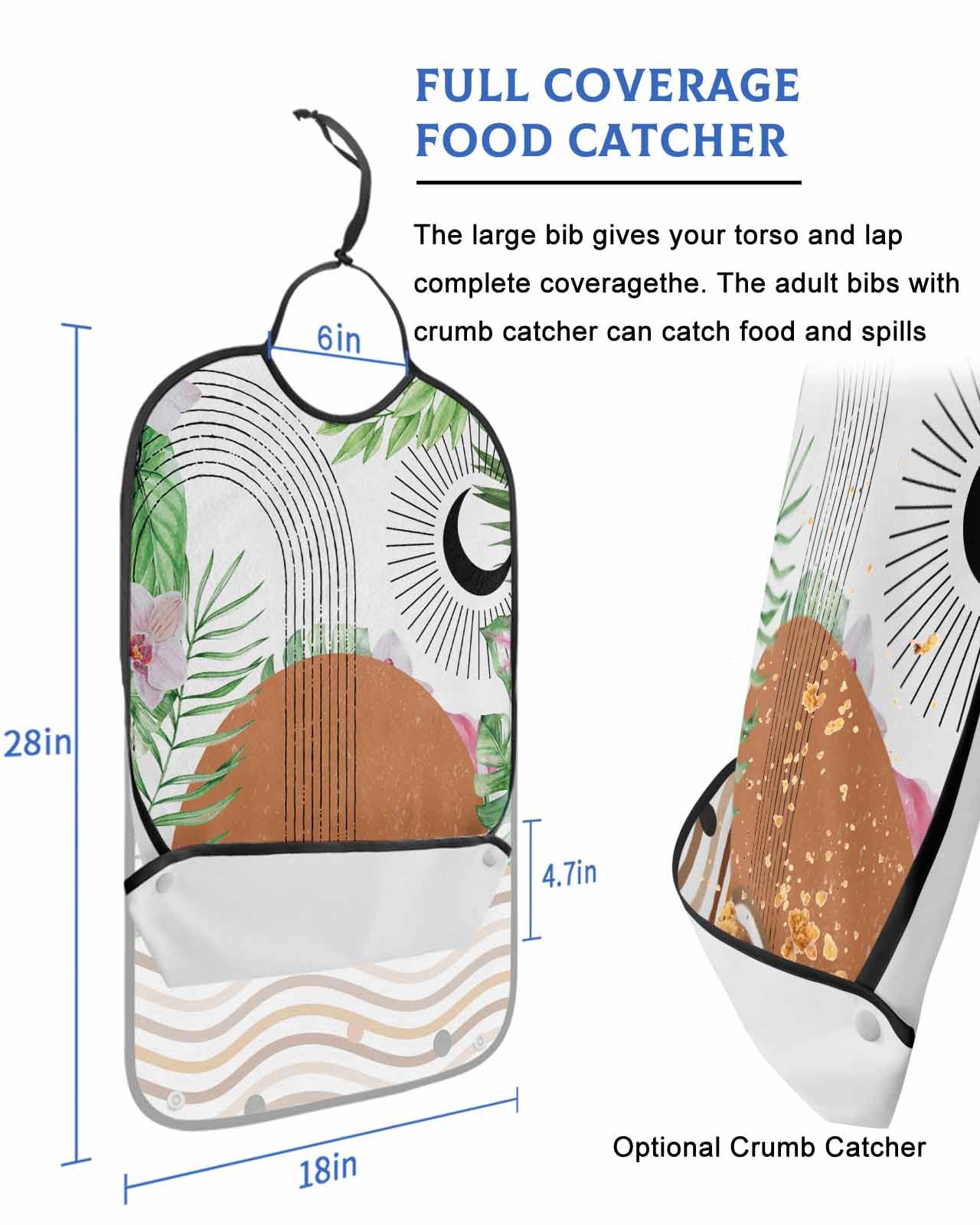 LEOKOTI Brown Geometric Adult Bibs for Eating, Waterproof Bibs with Food Catcher & Adjustable Snap Closure, Modern Abstract Art Summer Botanical Washable Clothing Protectors Adult Bibs for Elderly