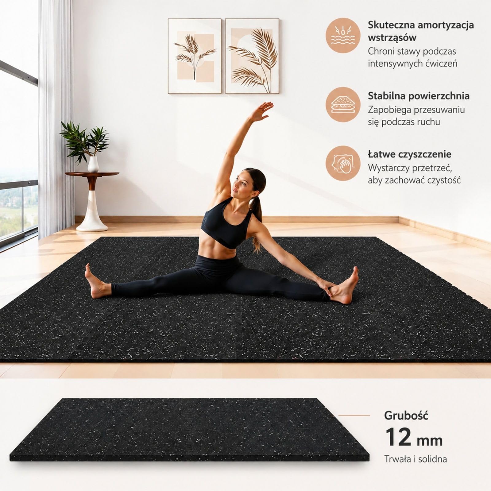 Zestaw 6 mat puzzle z pianki EVA, czarne z szarymi kropkami, łączone, do fitnessu, siłowni, domu, biura
