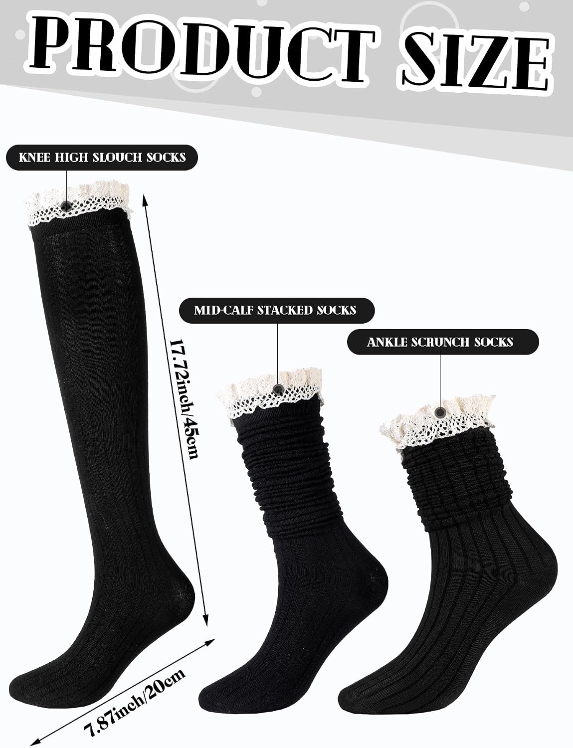 Fourluoo 3 Pairs Women Cotton Knit Boot Knee High Stockings with Lace Trim Slouch Stacked Scrunch Socks