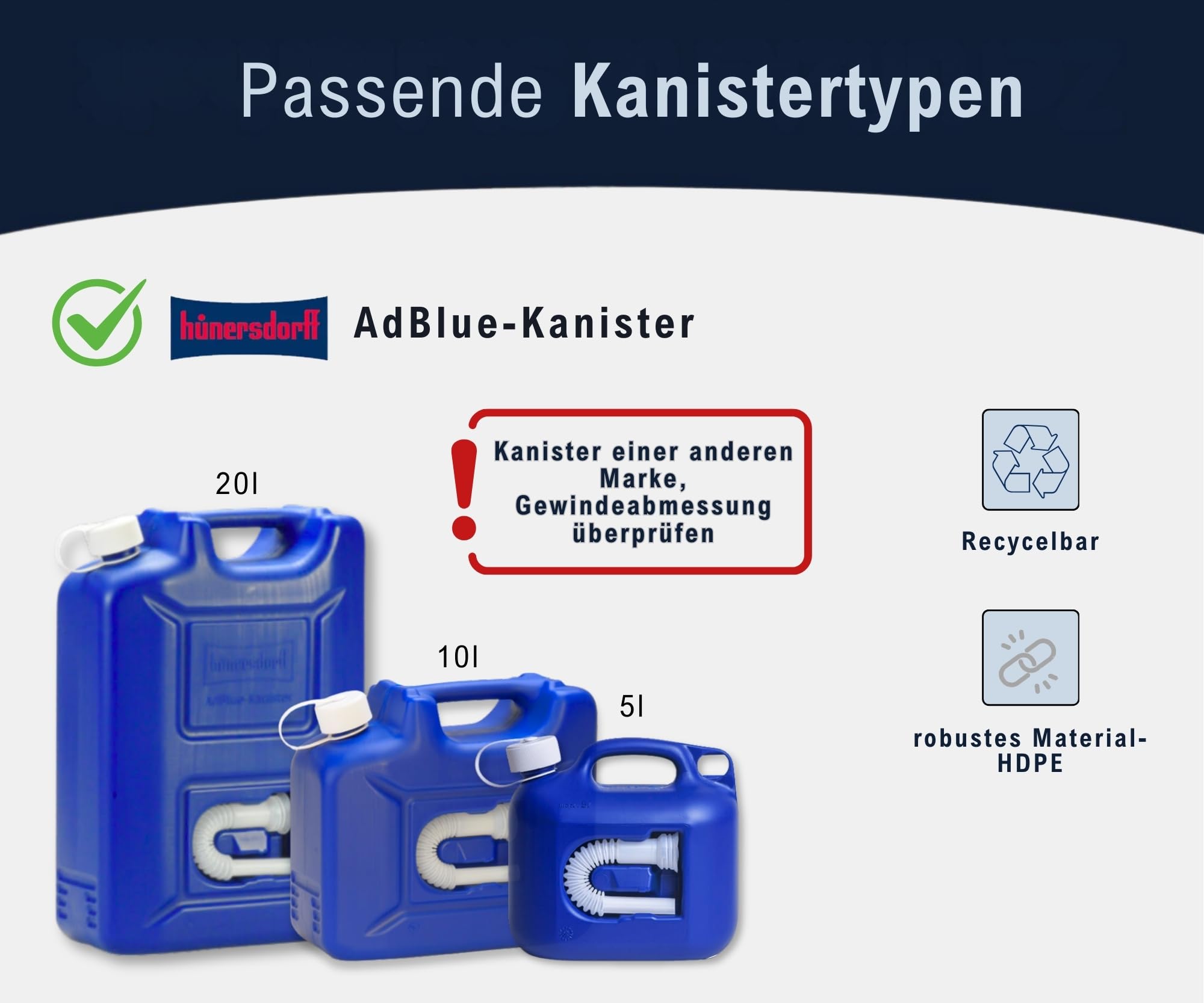 Bidon réutilisable Hünersdorff de 5 L pour AdBlue, avec tuyau d'écoulement et adapté aux bouchons de réservoir AdBlue