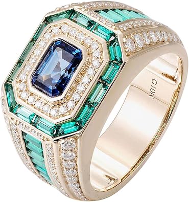 10K 14K 18K Gold Mens Emerald Cut Gemstone Engagement Ring with Moissanites Luxury Design Gemstone Wedding Anniversary Ring for Men Husband Size 4-16