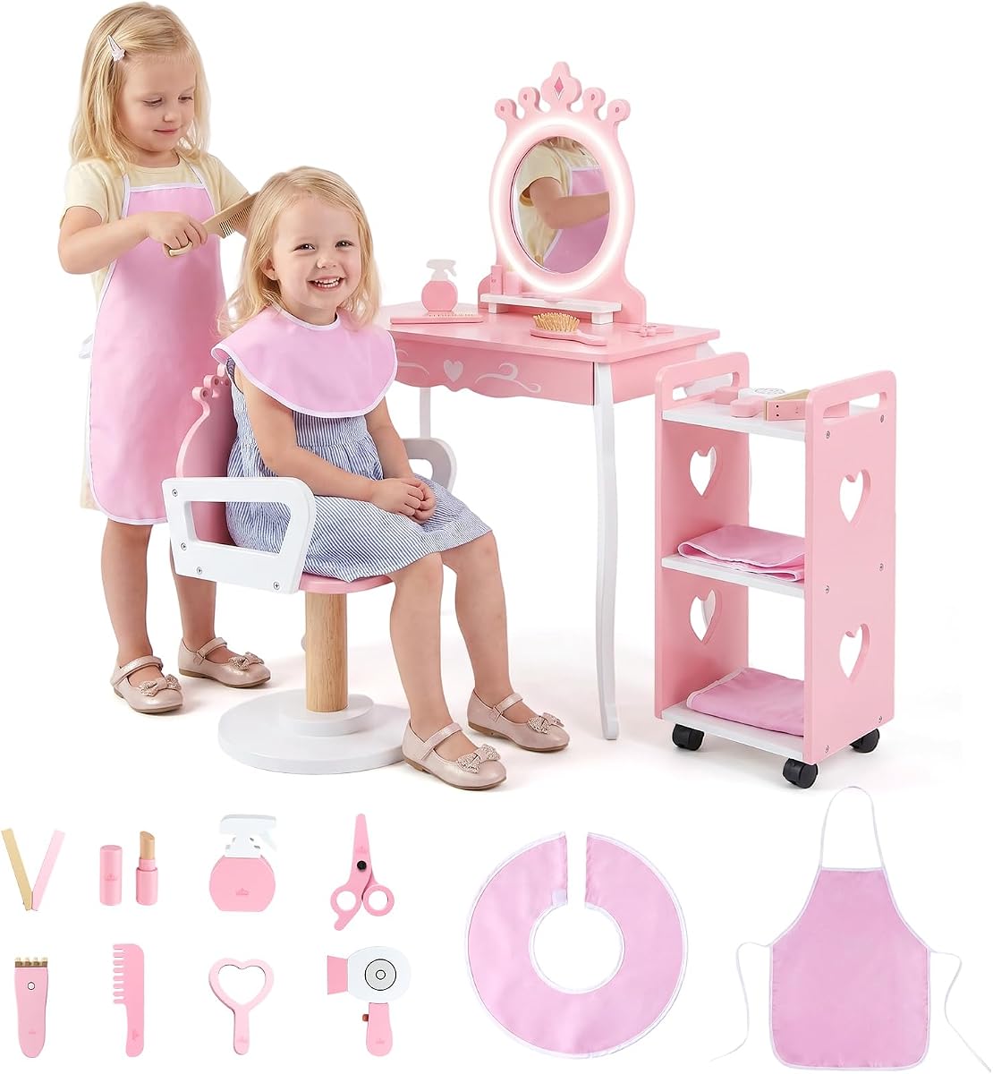 Costzon Juego de peluquería para niños con espejo iluminado LED, estación de peluquería de madera con silla de peluquero giratoria y carrito rodante, 10 accesorios incluidos, juego de tocador de maquillaje para niños de 3 a 7 años