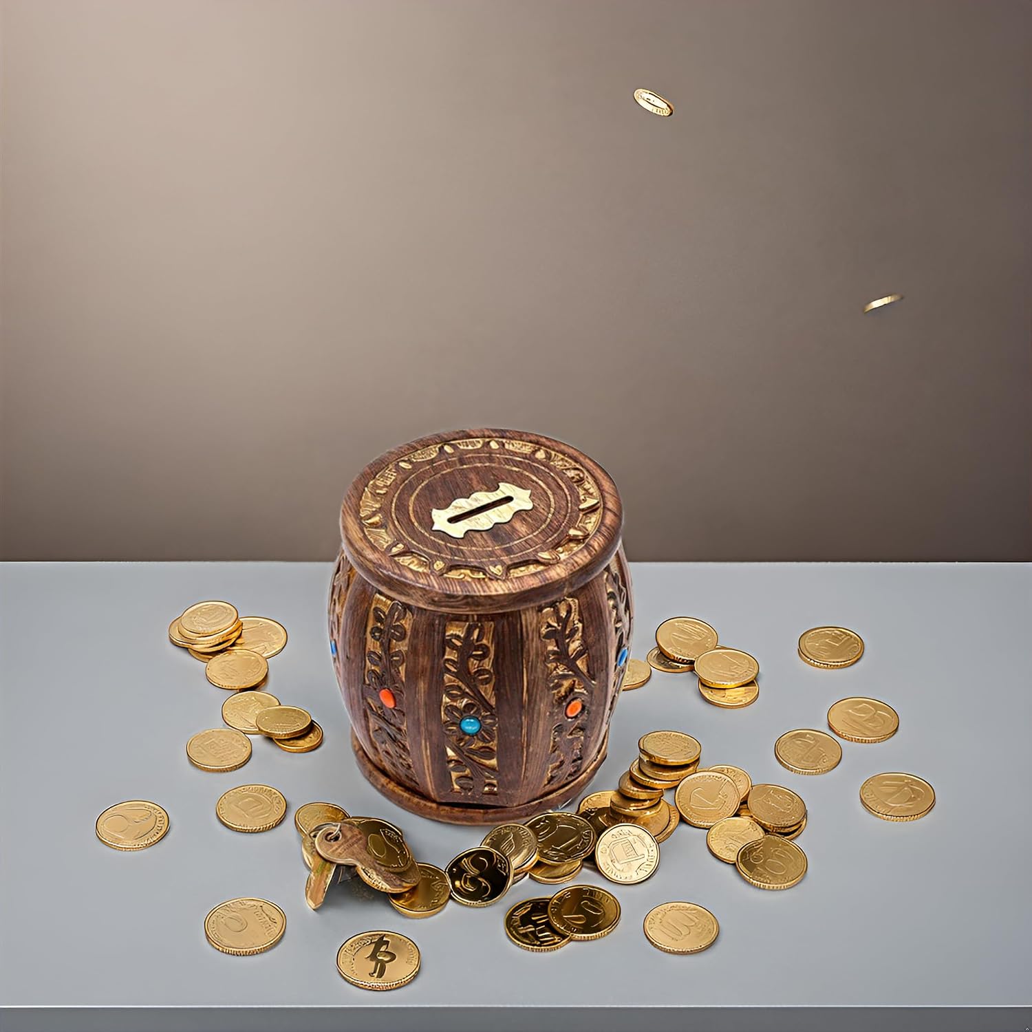 Wooden Antique Round Lockable Piggy Bank for Kids - Secure Money Box with Lock, Handmade Craftsmanship, Unique Gift Idea for Children, Decorative Barrel Savings Bank