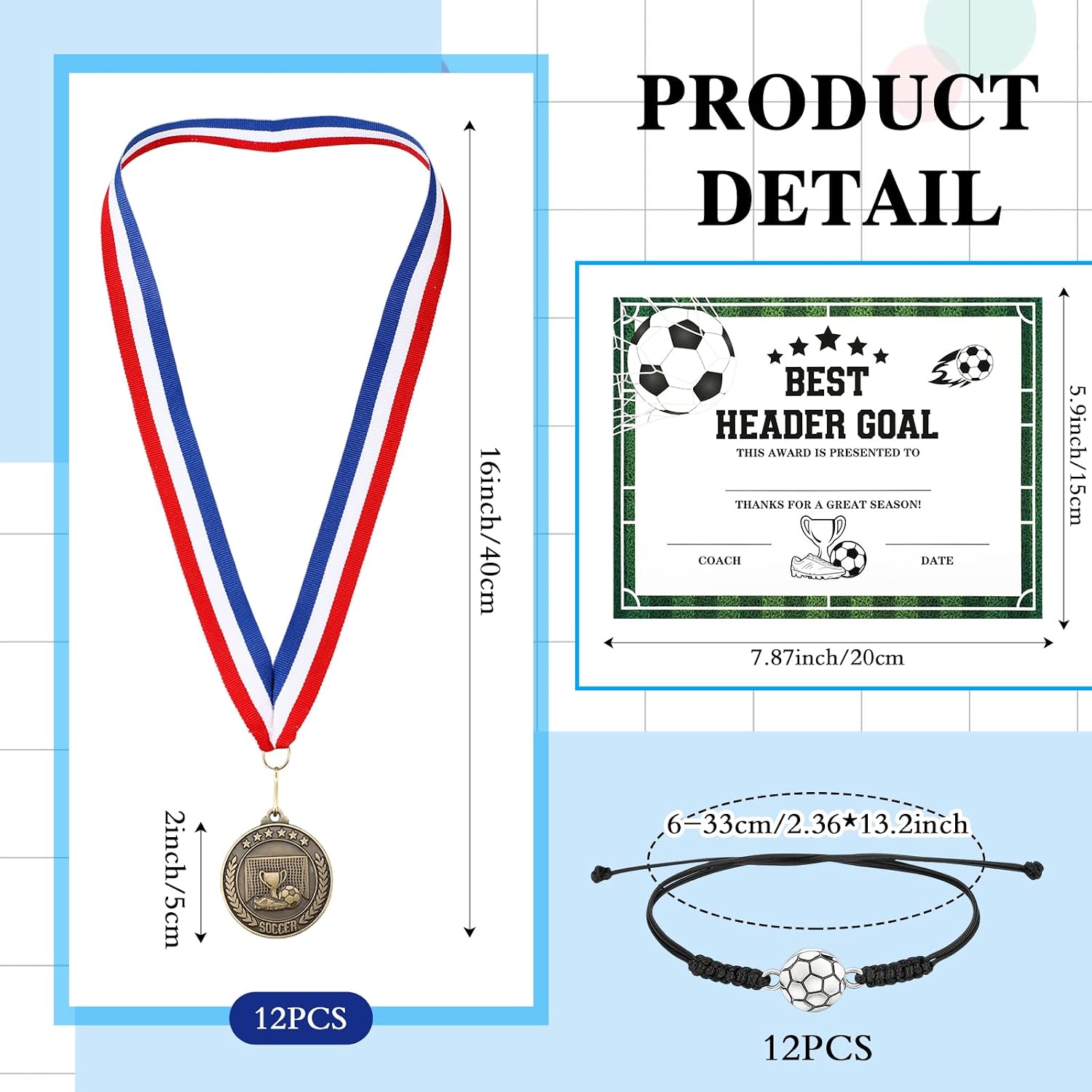 Liliaafar 12 Set Soccer Award Medals Bracelets Keychain Goodie Bags Soccer Trophy in Bulk for Football Party Favors Christmas Filler Gifts