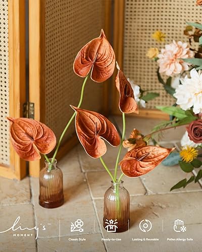 Miniatura 10 de Ling's Moment Plantas artificiales de anturio, 8 piezas de flores de relleno de seda Shabby Blush, tallos de vegetación sintética rosa para ramos de