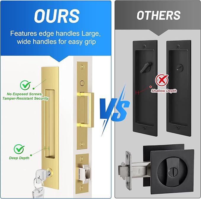 Cerradura para puerta empotrada Dontay con llave, manija de borde rebajado en latón satinado | Para puertas deslizantes de baño de 1 3/8'', tirador rectangular invisible y resistente, pestillo central de 2 3/8'', agarre fácil, tornillería oculta miniatura 3