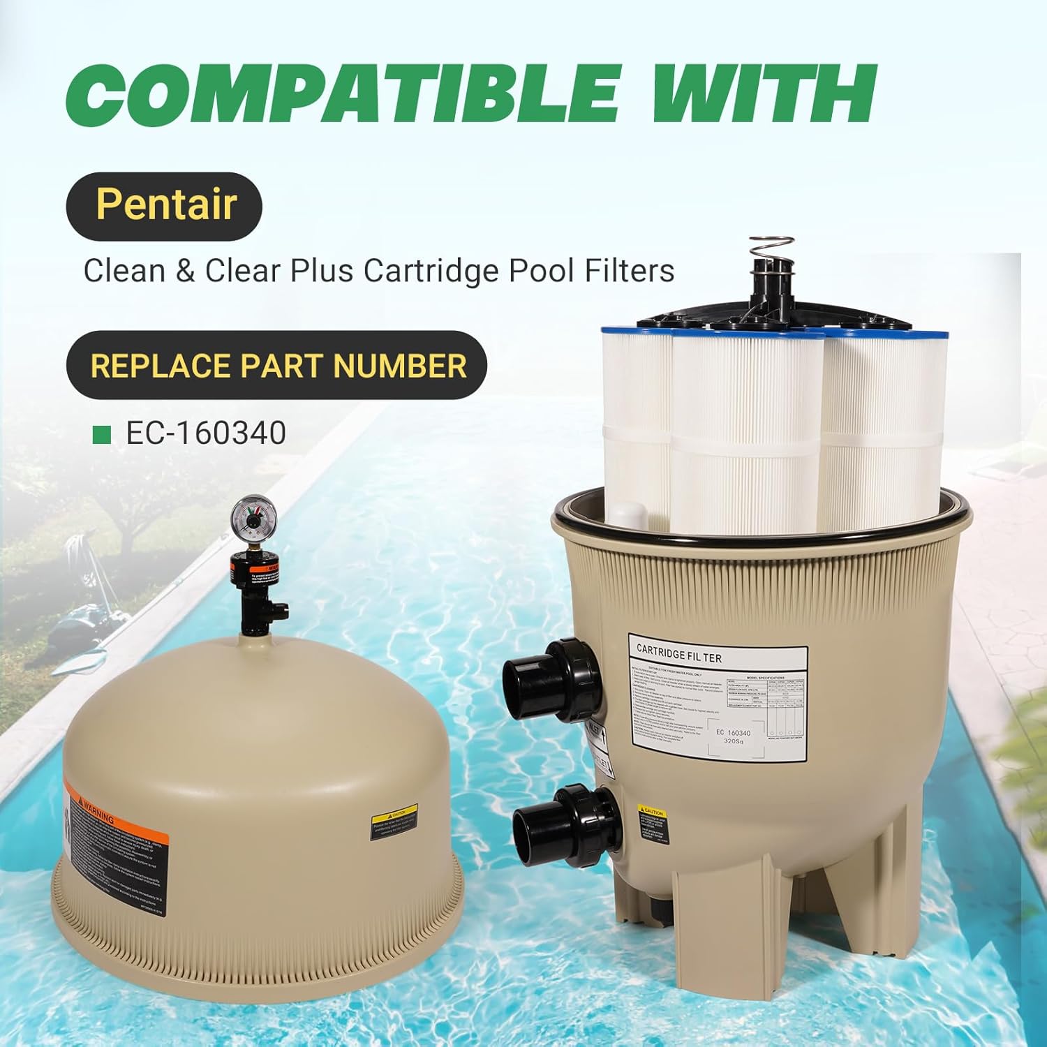 160340 Cartridge Pool Filter Tank Assembly-320 Square Feet 120 GPM Fit for Pentair Clean & Clear Plus Cartridge Pool Filters, Fiberglass Reinforced Polypropylene Tank Cartridge, Almond
