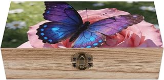 Butterfly And Flowers Wooden Decorative Storage Box Jewelry Box | Vintage Keepsake with Hinged Large Memory Box Wooden Keepsake Box Retro, Trinkets Storage Container for Women, Mom Gift