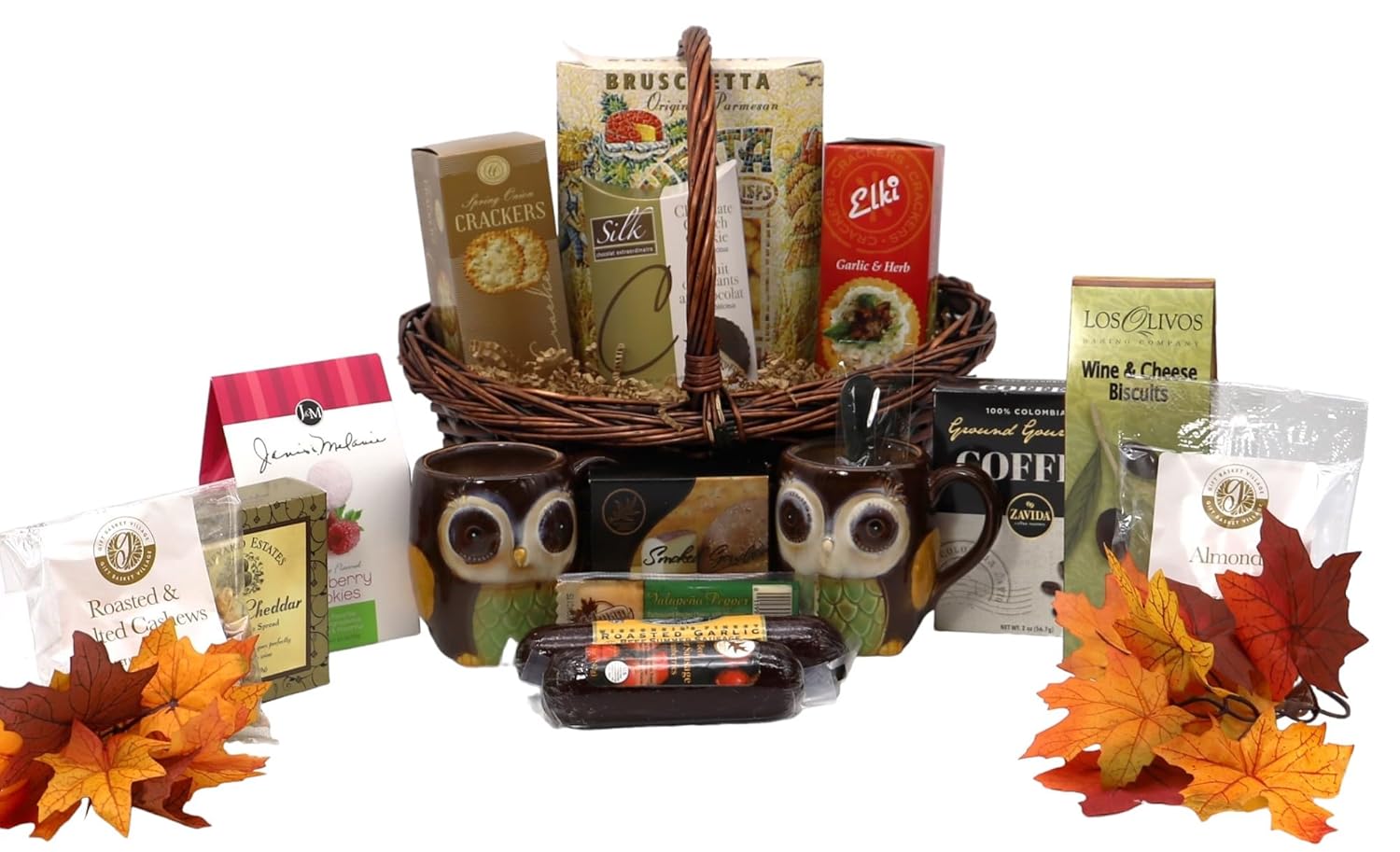 Gift Basket Village: Fall Harvest Delight - Mugs, Cookies, Crackers, Cheese, Nuts, Sausages & Coffee