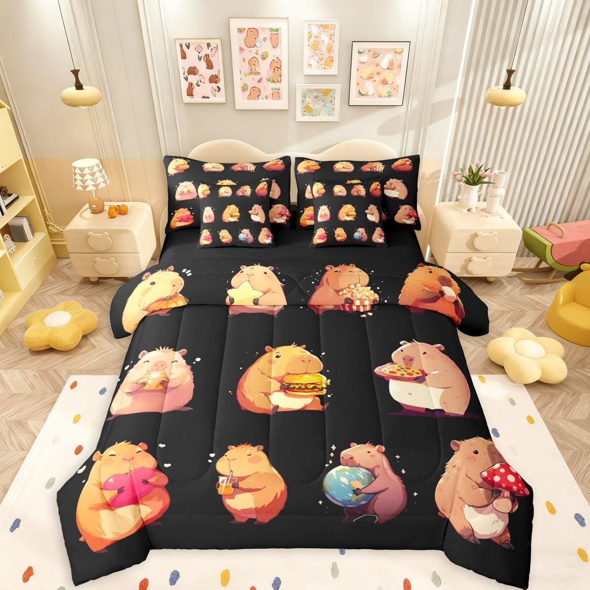 Erosebridal Funny Capybaras 7 Pieces Bedding Set Full,Capybara Lover Bed in a Bag,Cartoon Rodents Bed Set Includes Comforter,Sheet Set,Pillowcases & Pillow Covers,Black Khaki Capybara Bedroom Decor