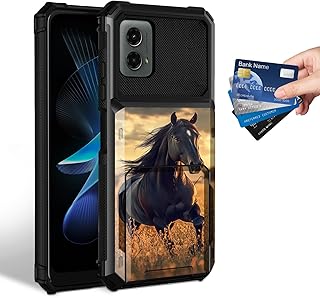 Case for Motorola Moto G 5G 2024 6.6 Inch, Dual Layer Wallet Phone Cover with 4-Card Slot, Hidden Flip Back Pocket, Heavy Duty Protective Bumper Gift for Men Women, Black Horse Sunset Field