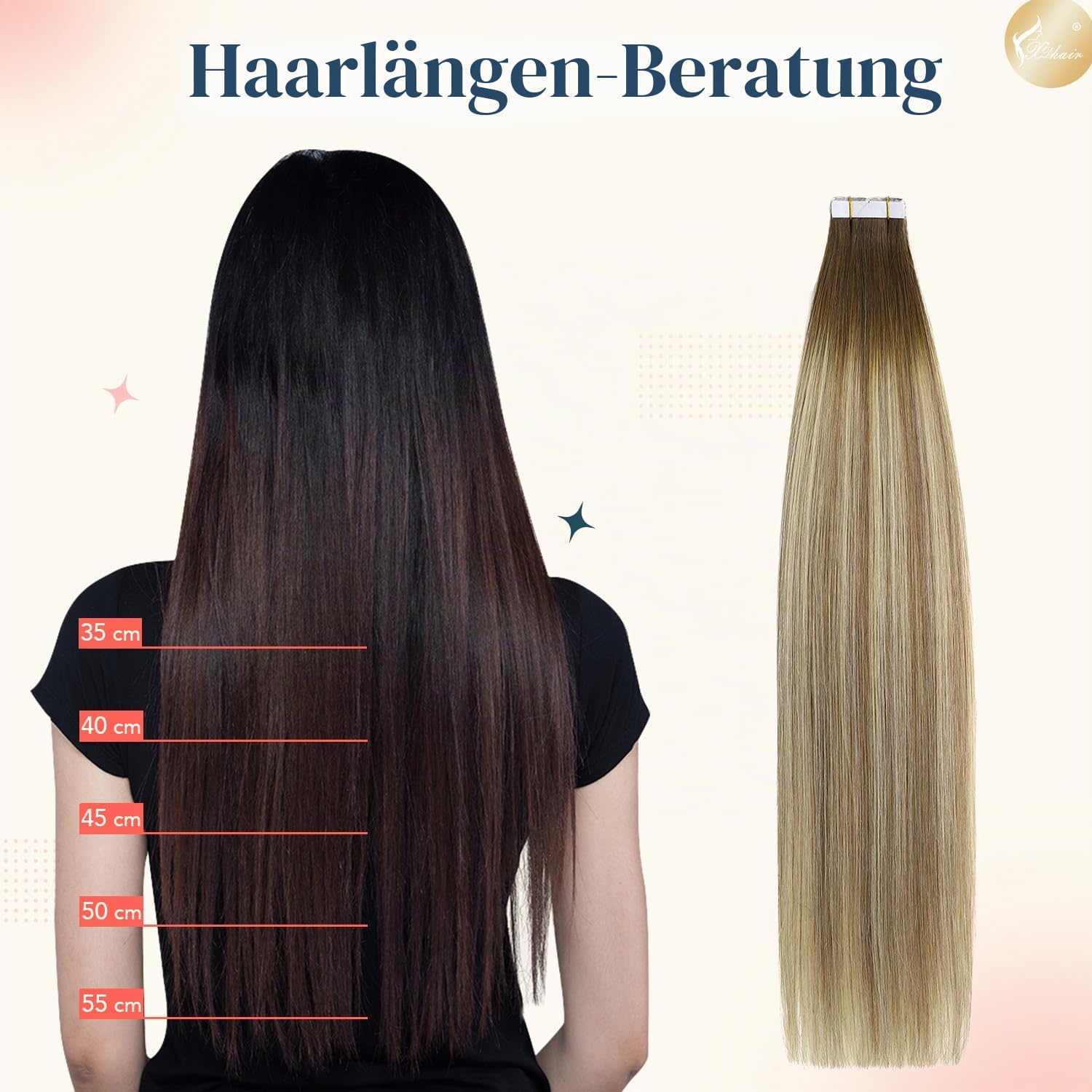 XDhair Tape Extensions Echthaar Walnuss Braun bis Ash Braun and Goldblond | 50cm 20pcs 50g,Extensions Echthaar,Invisible Remy Tape in Echthaar Extension in der Farbe #3/8/22