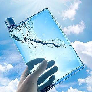 PMVRTHQV Botella de agua plana y delgada reutilizable de 420 ml, cabe en el bolsillo al azar en las esquinas. Taza portátil transparente para la escuela, deportes, viajes, comedor (color: azul)