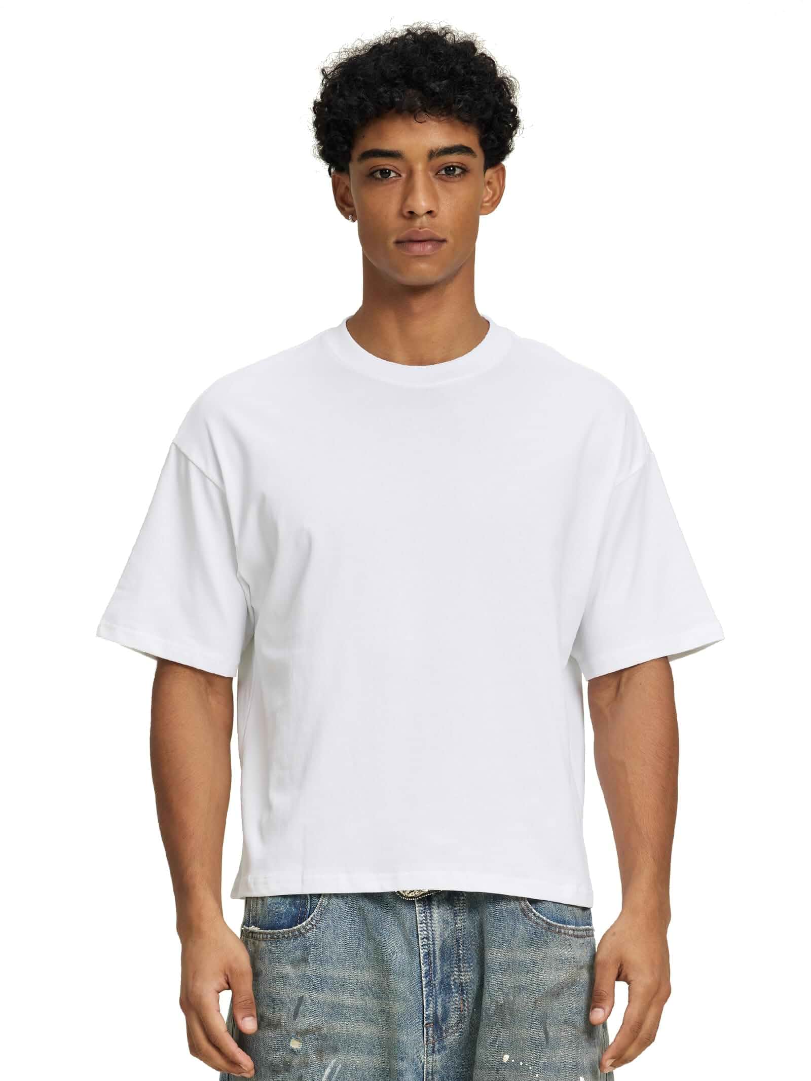 Cropped Oversized Men's T-Shirts Cotton Fashion Boxy T Shirt Short Sleeve Crew Neck Tee for Men Solid
