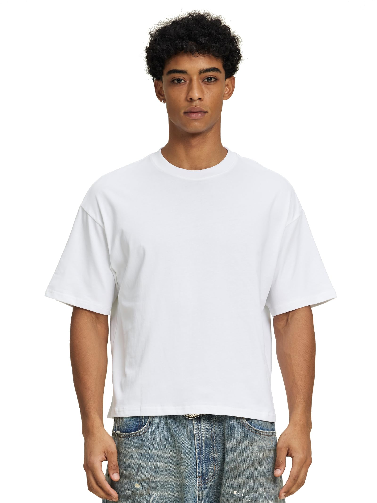 Cropped Oversized Men's T-Shirts Cotton Fashion Boxy T Shirt Short Sleeve Crew Neck Tee for Men