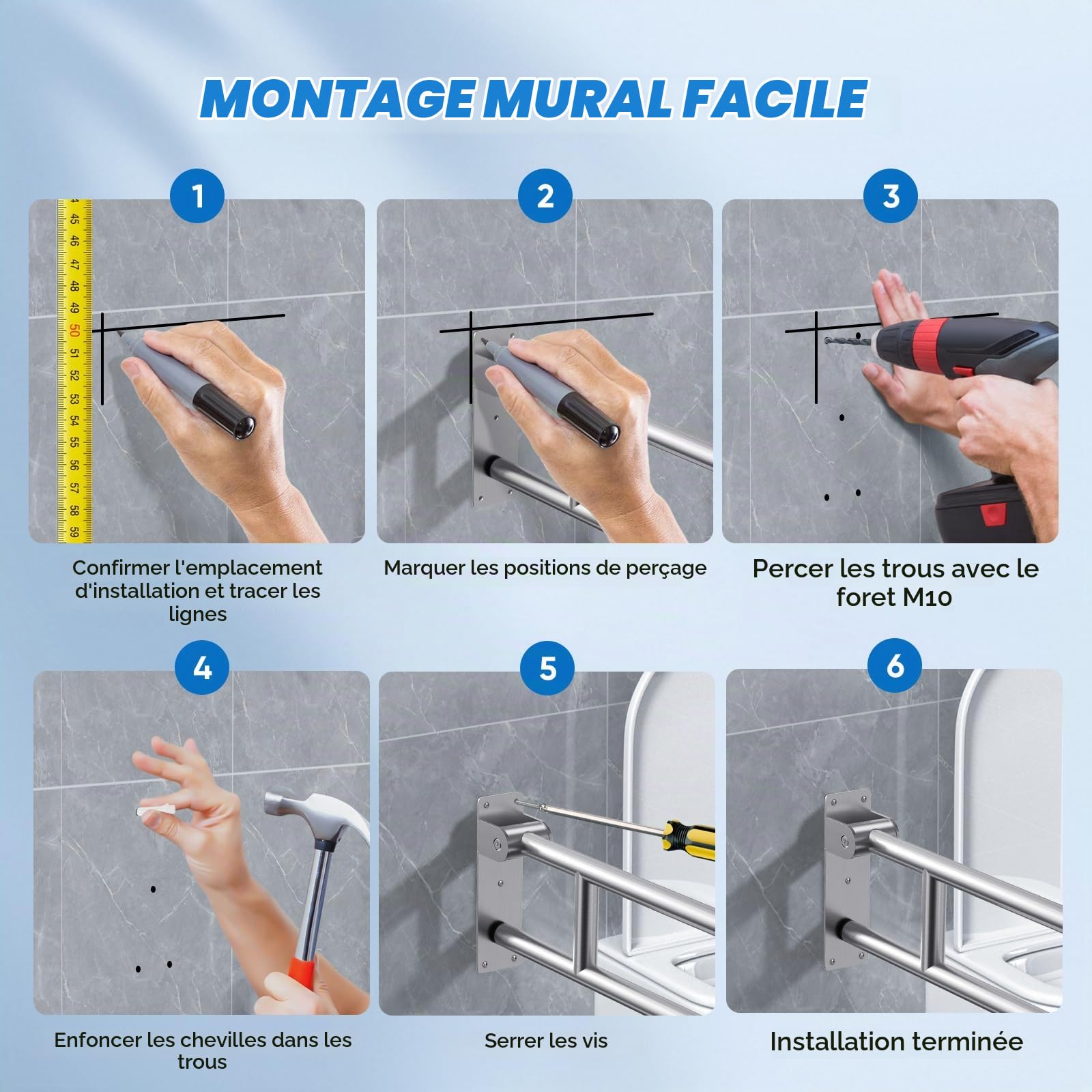 60cm Barre d'appui WC, Barre D'appui Salle de Bain, Acier inoxydable 304, Capacité de Charge 150 kg, Barre Toilette Pliable pour Handicapé, Personnes Âgées, Enceint