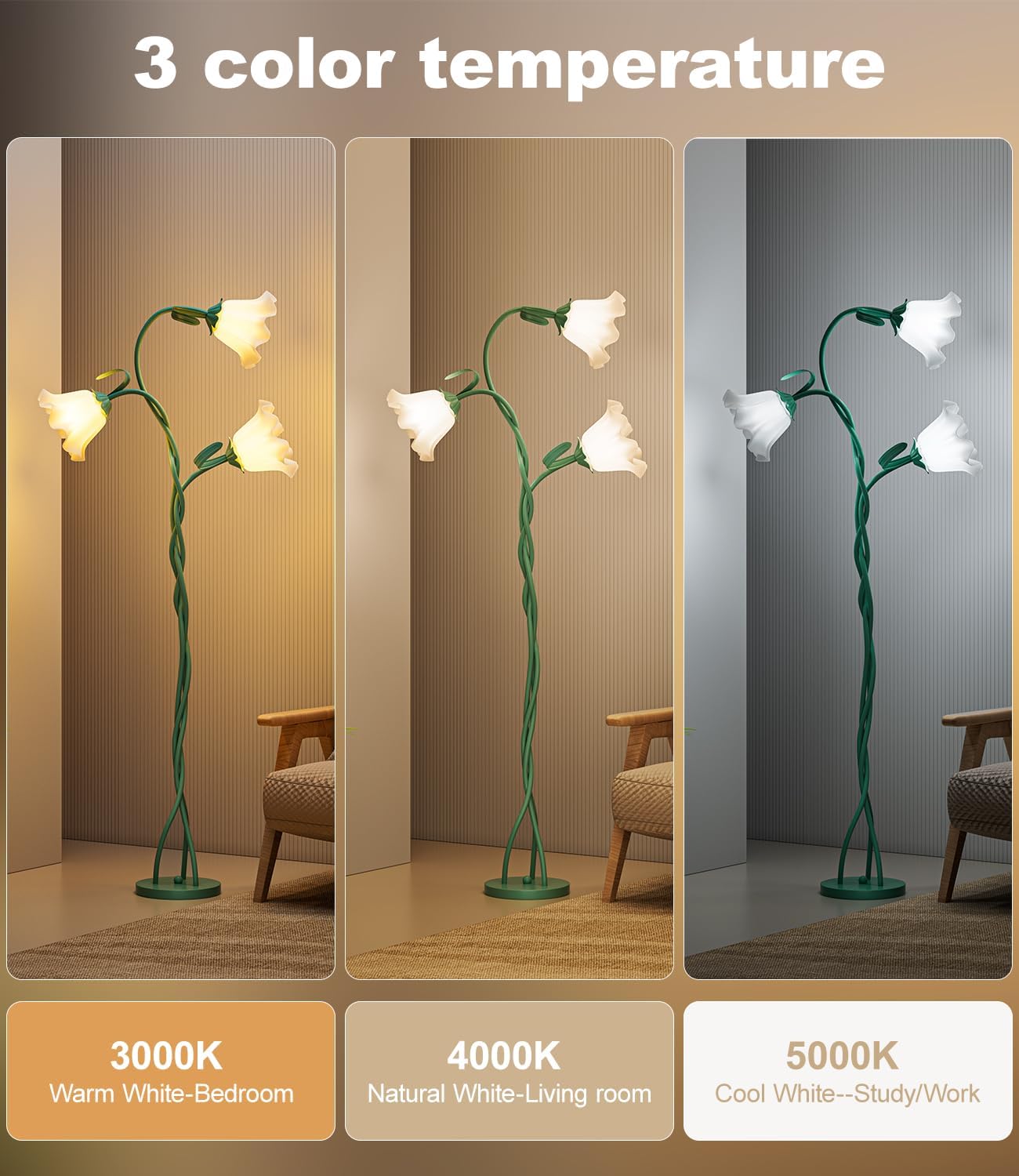 Flower Floor Lamp, Clear and Natural Style Flower Lamp with 3 Bendable Neck and Heads, DIY Any Styling 3 Color Temperatures for Girls' Room Bedroom Living Room etc-Bulb Included