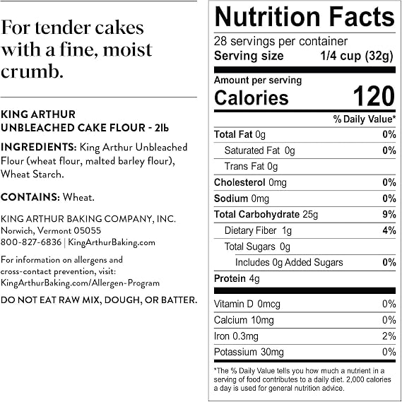 King Arthur, Cake Flour Unbleached and Unenriched, Non-GMO Project Verified, No Preservatives, 2 Pounds