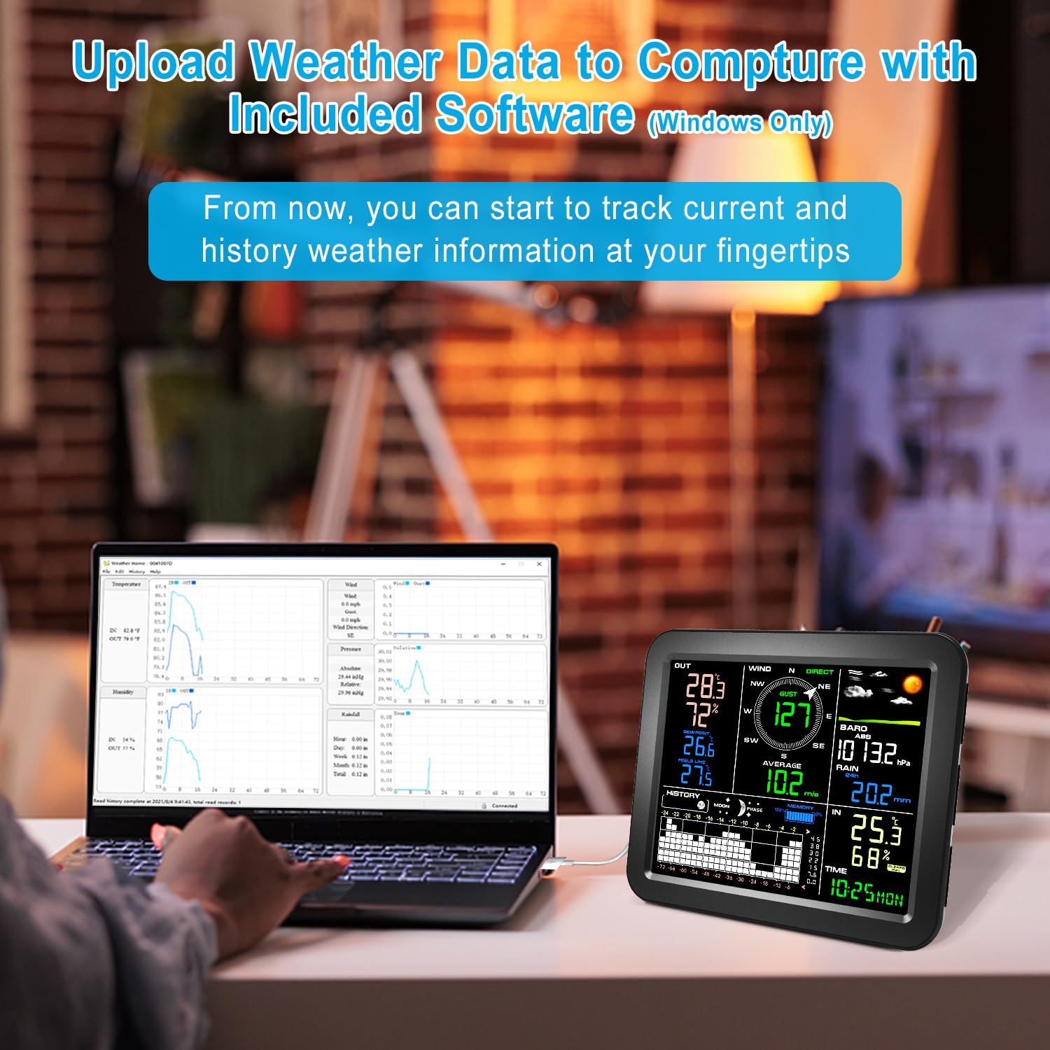Urageuxy Profesional Estación Meteo Equipada Con Aplicación De Software PC, Incluye Pluvimetro, Anemómetro, Girouette, Barómetro, Previsión del Tiempo y Alertas (solo Windows)