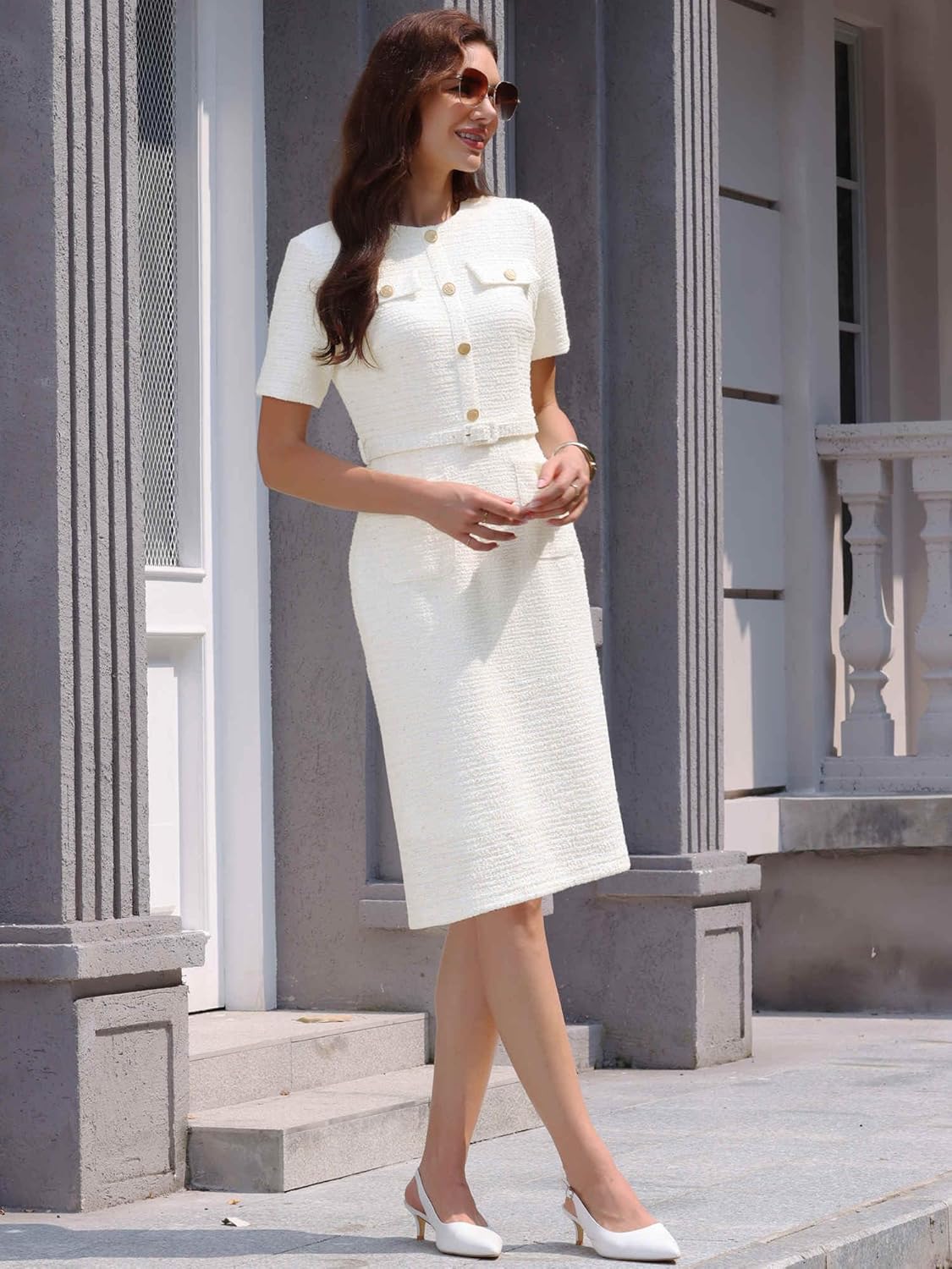 Women's Tweed Sheath Dress with Belted Short Sleeve Work 2026 Pencil Dress - Image 2
