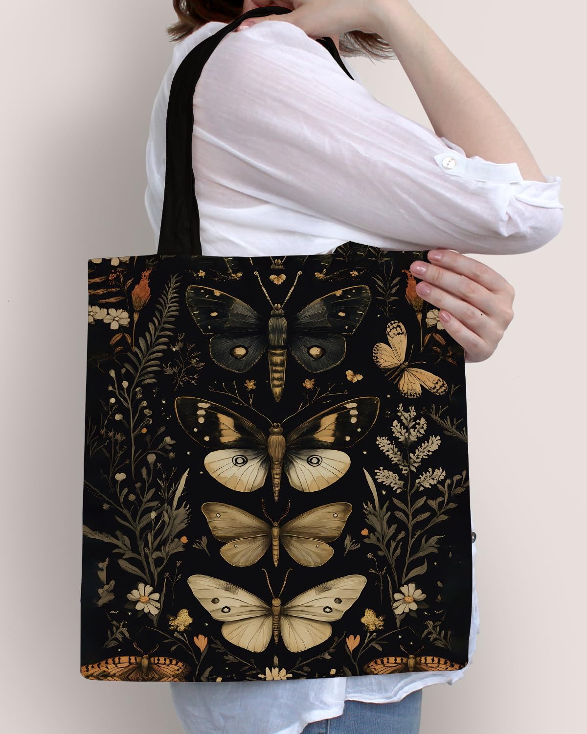 Floral Butterfly Print Goth Canvas Tote Bag for Women Witchy Dark Academia Butterfly Pattern Reusable Grocery Shoulder Bag for Shopping Work Travel Beach Aesthetic Totes - Image 2