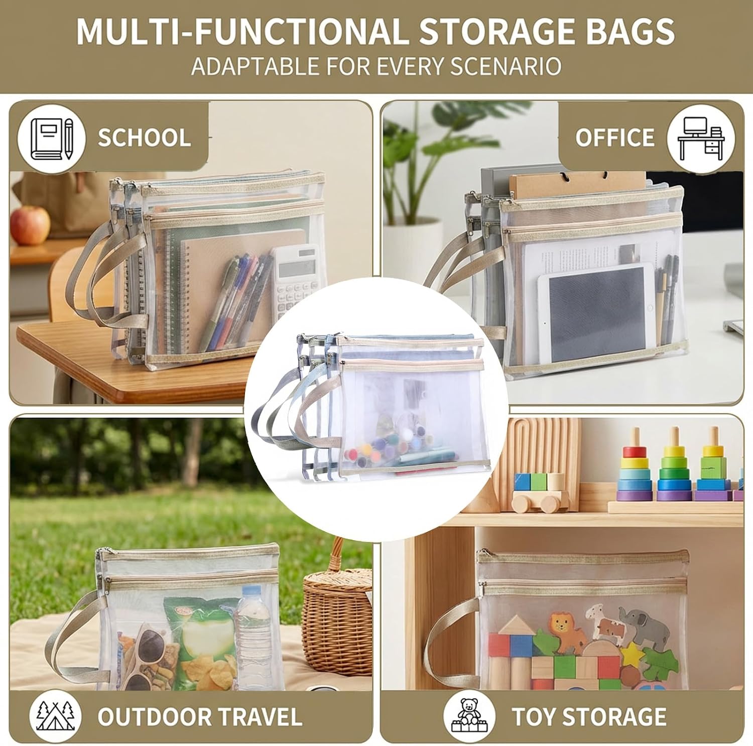 4 PCS Colored Mesh Zipper Pouch Bags, Double-Layer Toy Mesh Storage Bags Large Meshes Zipper Pouch with Handle for School Office Puzzles Board Games Organization