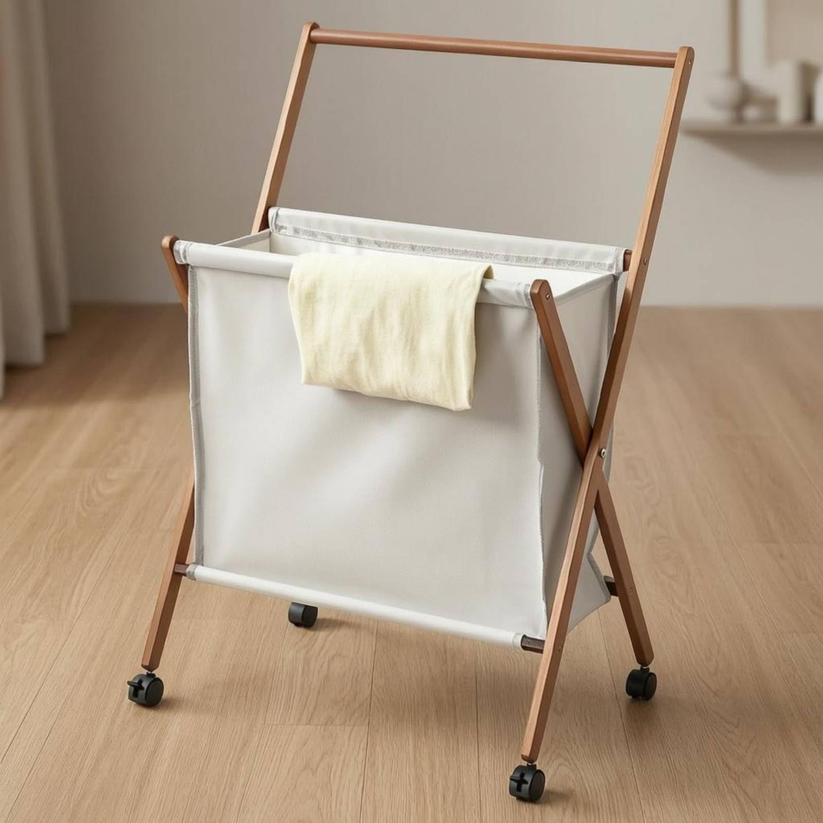 Cesto Portabiancheria Pieghevole Carrello Biancheria Cesto Bucato Contenitore Lavanderia Organizer con Struttura in Bambù Finiture in Similpelle Sacco