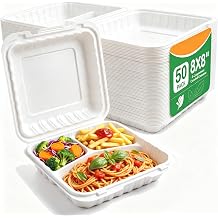 50-Pack Compartment To Go Food Containers, Heavy-Duty Meal Prep,Biodegradable to go containers disposable, Stackable To Go Boxes with Snap Lids 8x8x3 Inch-QY83